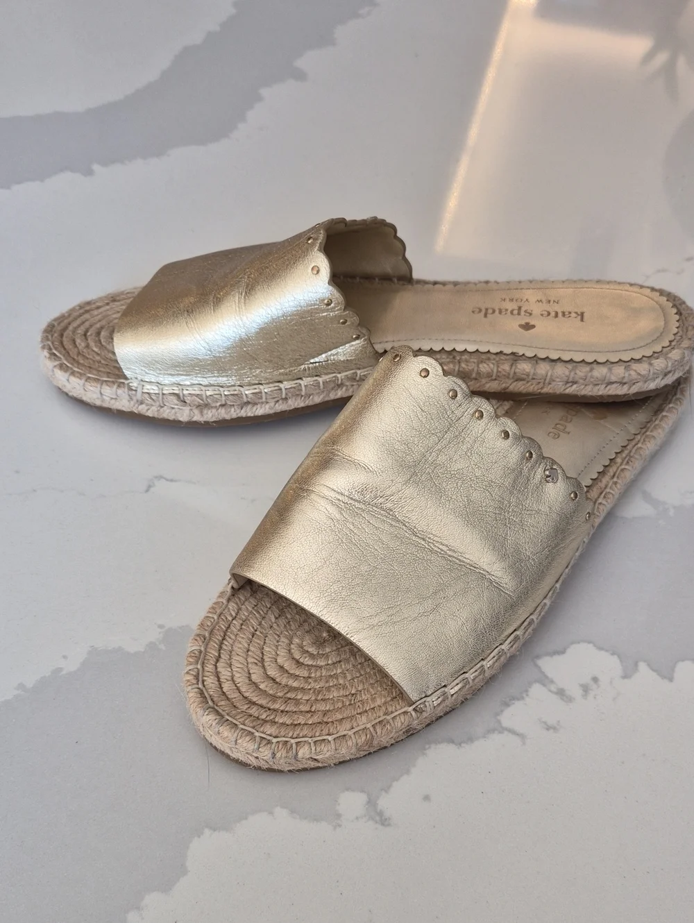 kate spade Metallic Gold Scalloped Leather Espadrille Slides